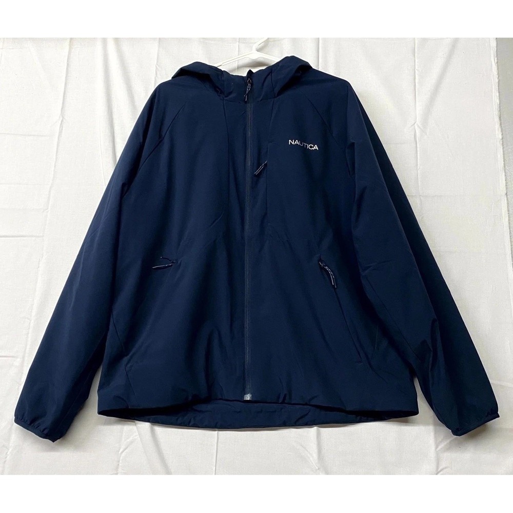 Nautica Windbreaker Jacket Men L Navy Blue Full Zip Hooded Raglan Sleeve Pockets